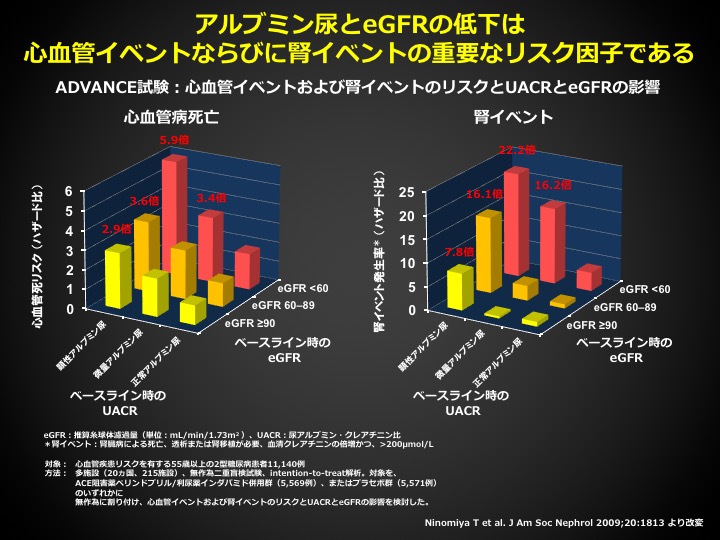 アルブミン尿とeGFRの低下は心血管イベントならびに腎イベントの重要なリスク要因である
