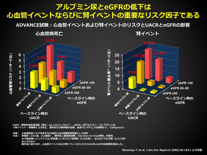 アルブミン尿とeGFRの低下は心血管イベントならびに腎イベントの重要なリスク要因である